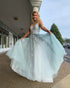 Delicate Ice Blue Tulle Prom Dresses with Lace Appliques Beaded Bodice Long Prom Gowns